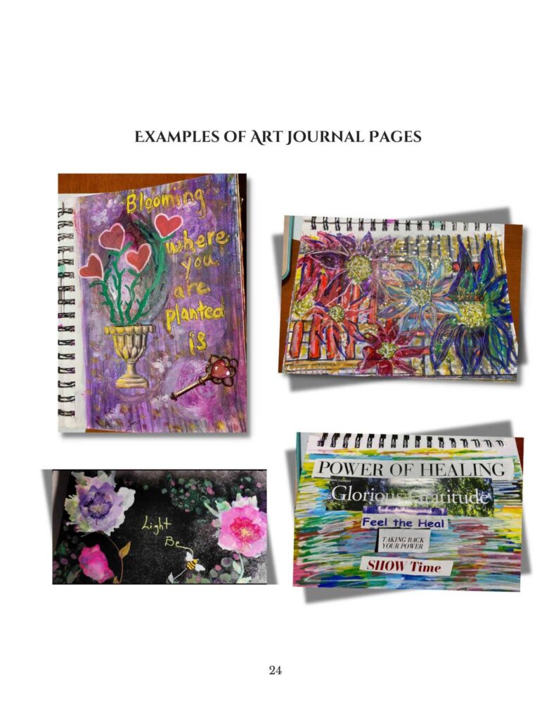 Examples of colorful mixed media art journal pages